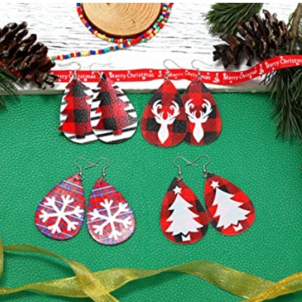 5/$25 Christmas Tree Glitter Earrings Faux Leather Plaid Christmas Dangle red - Picture 7 of 12